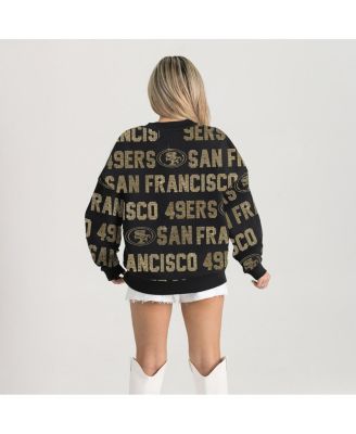 Women's Black San Francisco 49ers Relaxed Drop Shoulder Hype Era Rhinestone Text Sweatshirt