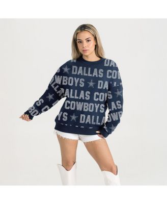Gameday Couture - Women's Navy Dallas Cowboys Relaxed Drop Shoulder Hype Era Rhinestone Text Sweatshirt