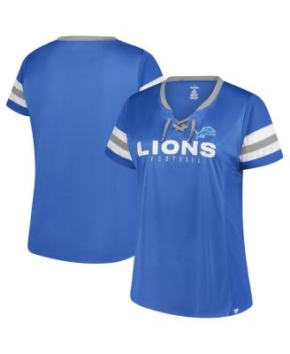Fanatics - Women's Blue Detroit Lions Plus Size Rhinestone Redzone Athena Lace-Up Notch Neck T-Shirt