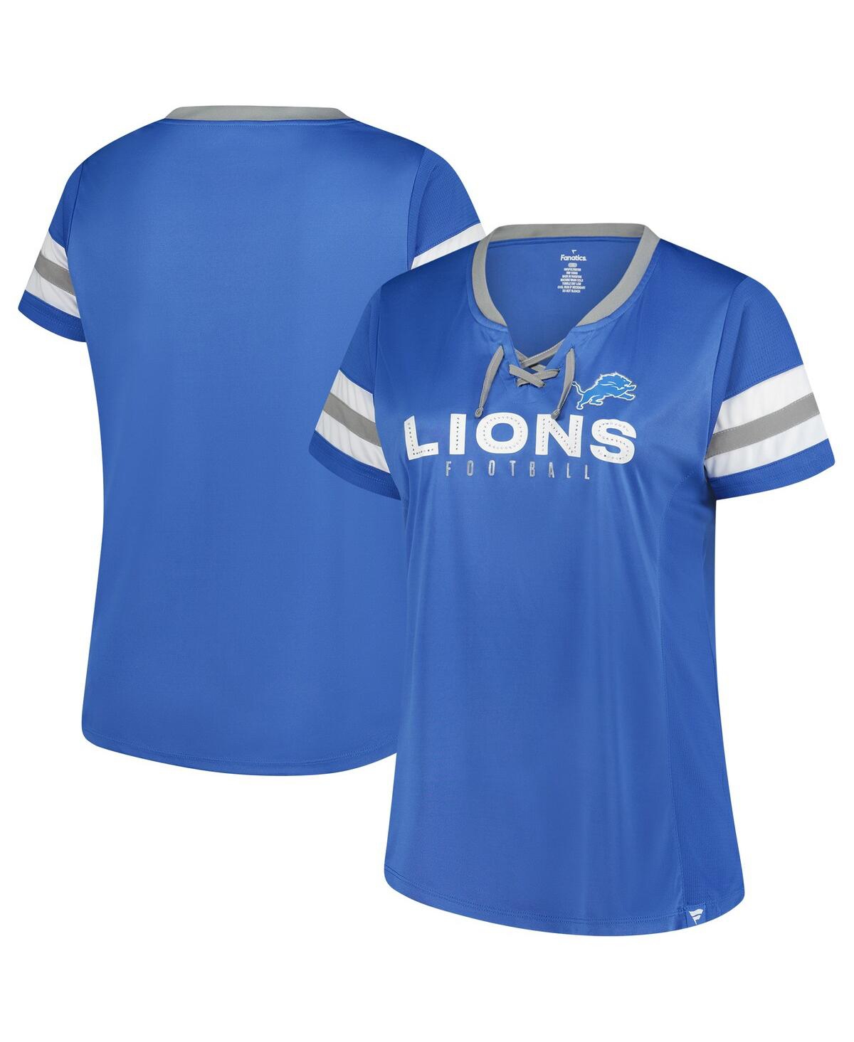 Fanatics Women's Blue Detroit Lions Plus Size Rhinestone Redzone Athena Lace-up Notch Neck T-shirt