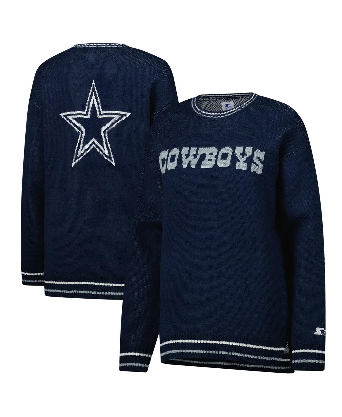 Starter Women's Navy Dallas Cowboys Oversized On The Ball Intarsia Knit Pullover Sweater In Blue