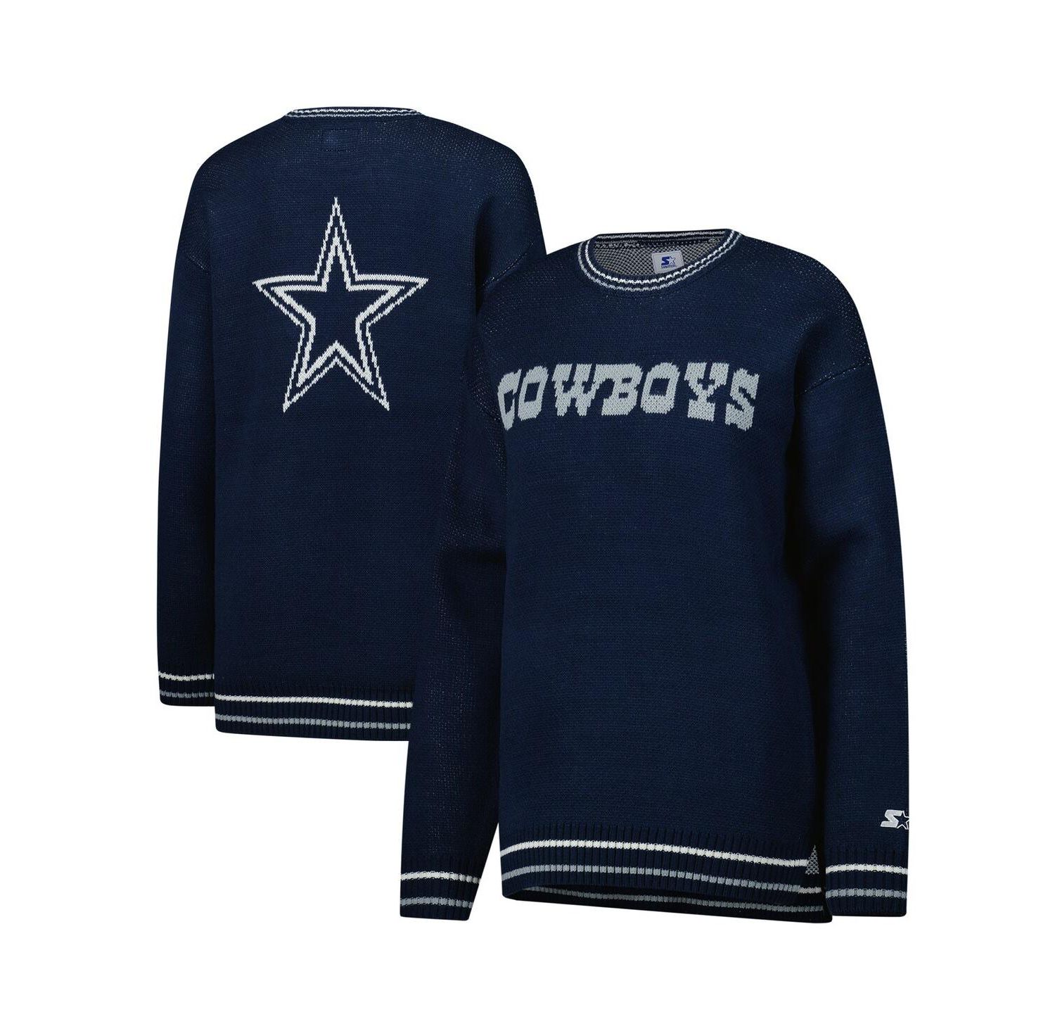 Women's Navy Dallas Cowboys Oversized On the Ball Intarsia Knit Pullover Sweater