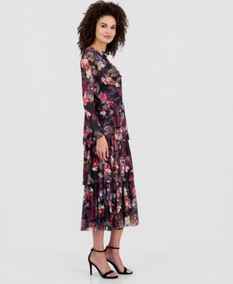 Women's Floral Mock Neck Tiered Midi Dress