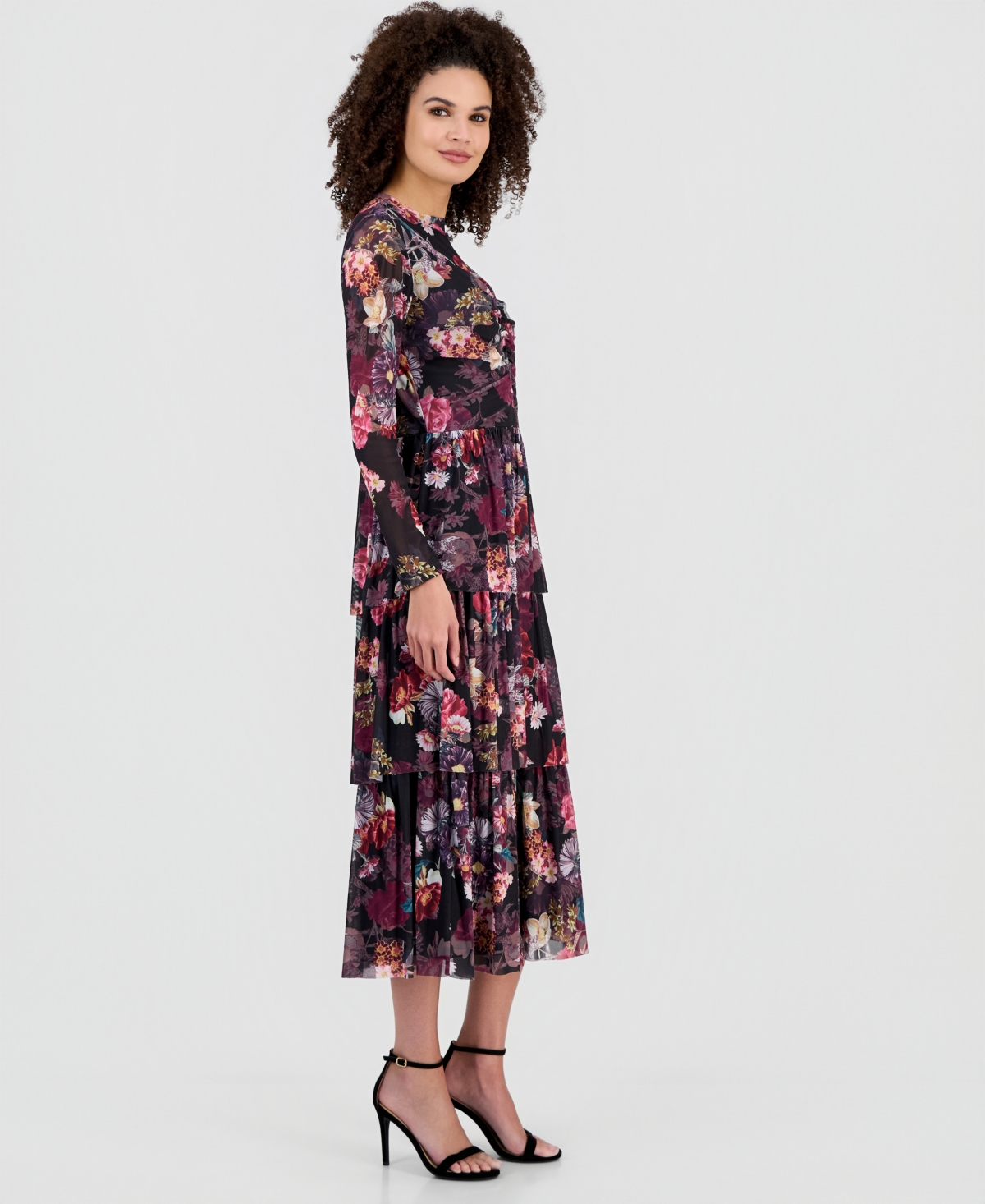 Anne Klein Women's Floral Mock Neck Tiered Midi Dress