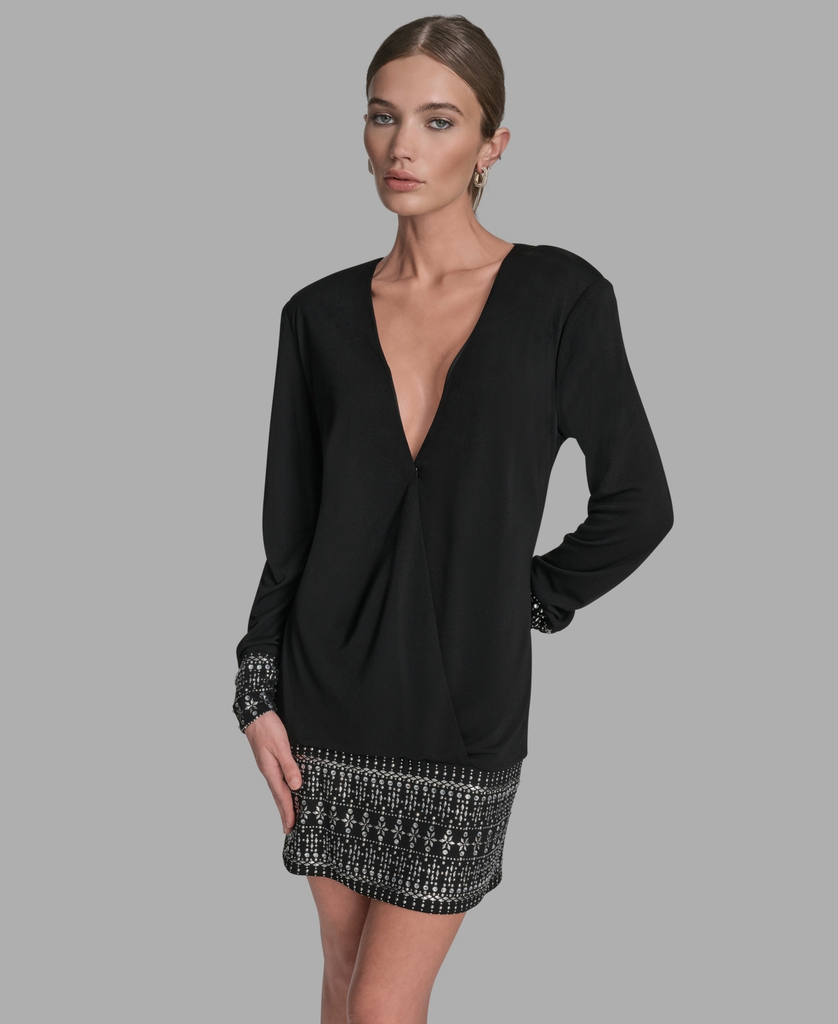 Bcbg Rhinestone Detail Long Sleeve Dress In Black