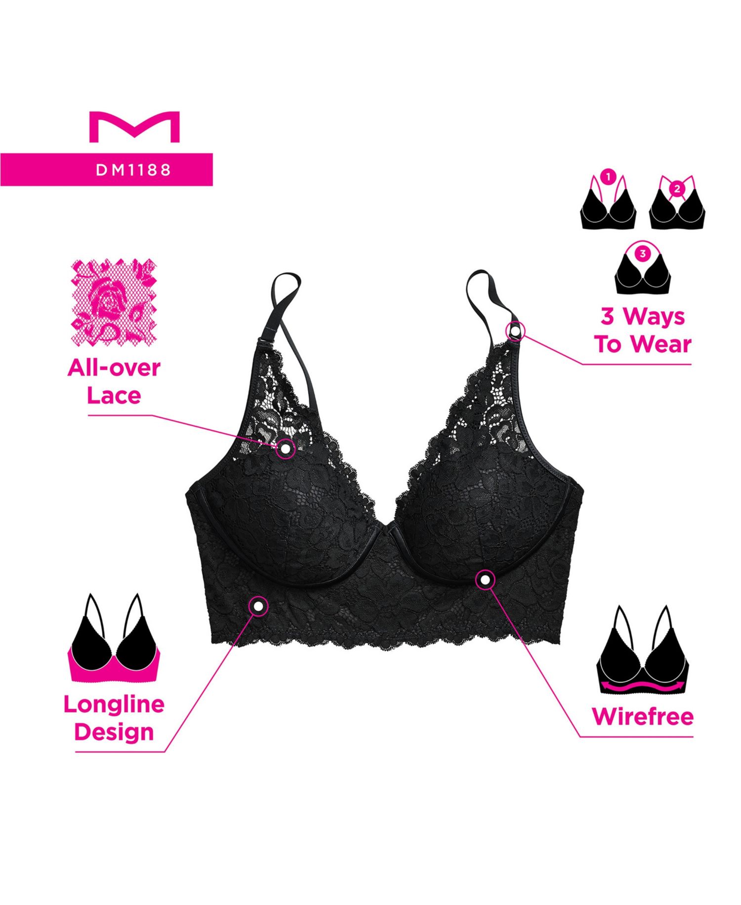 Women's Pure Comfort Lace & Mesh Longline Wireless Bralette DM1188