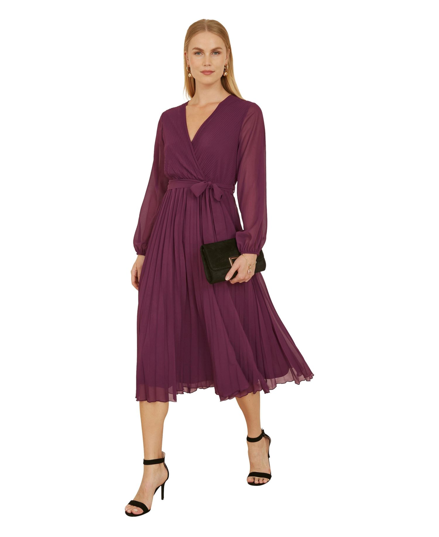 Women's Long Sleeved Pleated Midi Wrap Dress