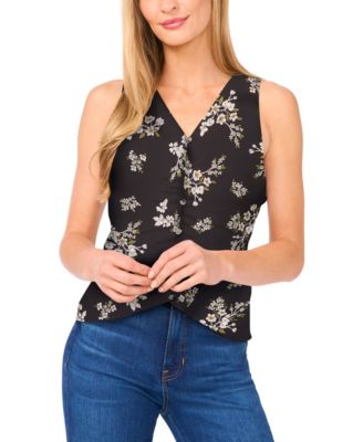 Women's Floral Shirred Button Down Sleeveless Top
