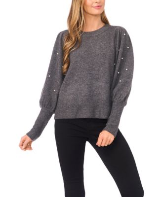 CeCe - Women's Embellished-Sleeve Crewneck Sweater