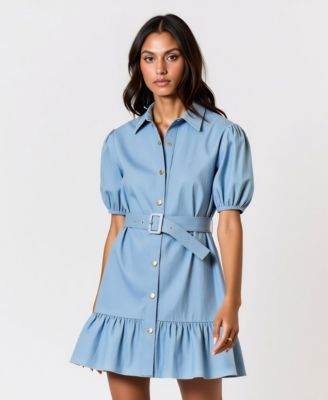 Women's 100% Cotton Belted Puff-Sleeve Mini Dress