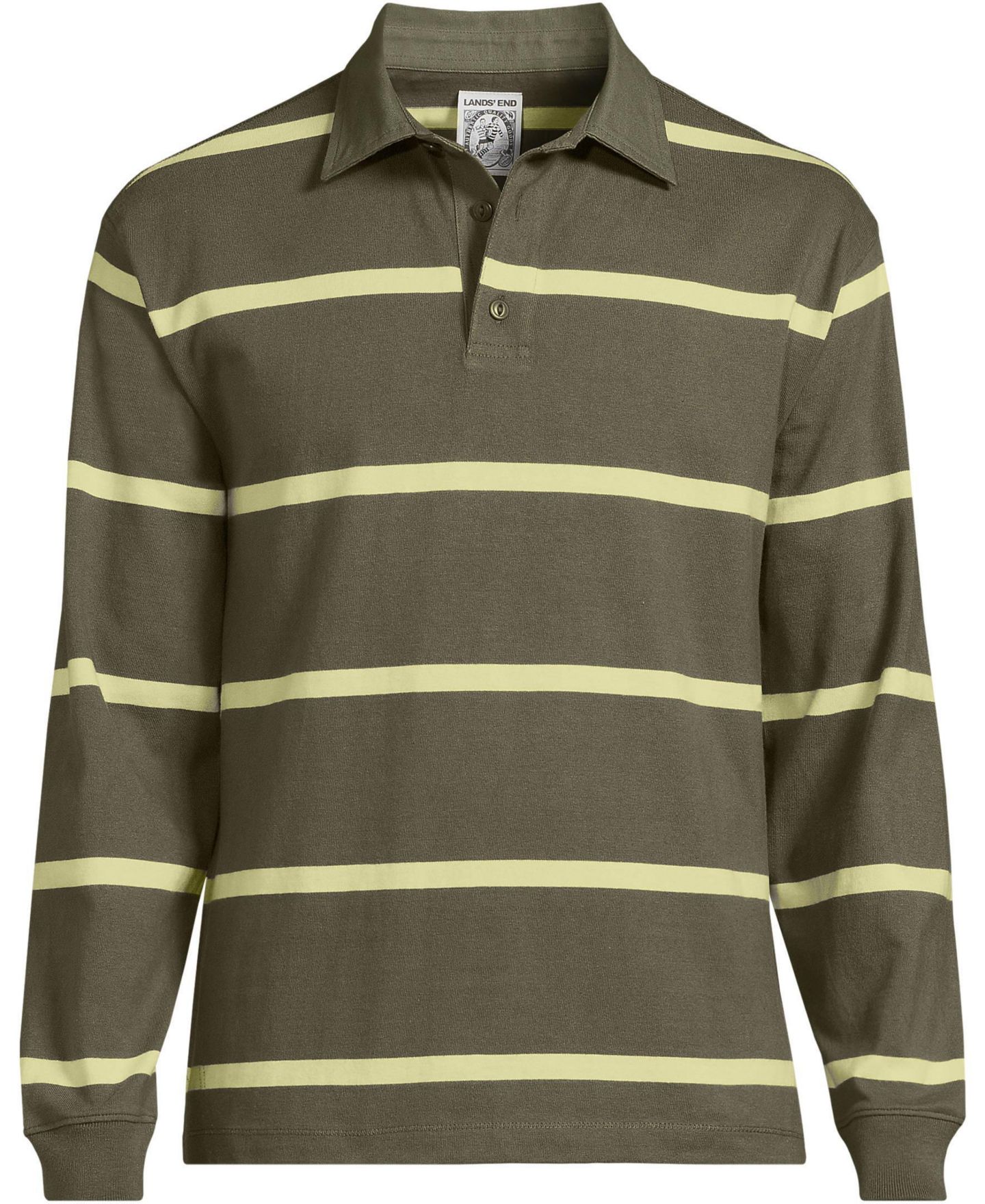 Мужское поло Lands' End Long Sleeve Rugged Rugby Polo, цвет: Тёмно-зелёный мох / Лаймовый полосатый — фото 4