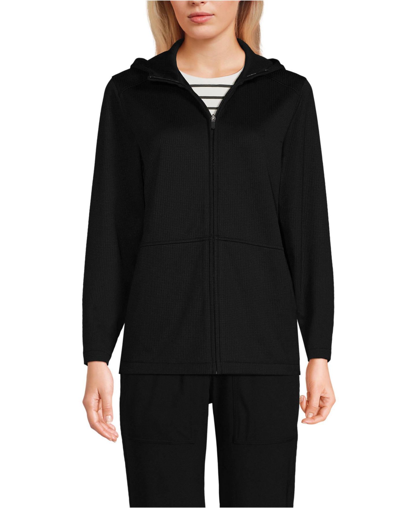 Мужская куртка Lands' End Unisex Grid Tech Hooded Zip Front, цвет: Чёрный — фото 1