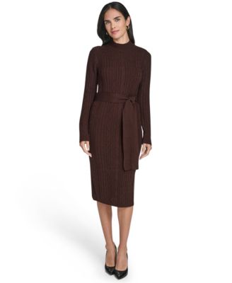 Women's Long Sleeve Mock Neck Belted Midi Sweater Dress