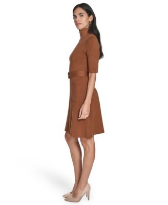 Women's Turtle Neck Elbow Sleeve Belted Dress