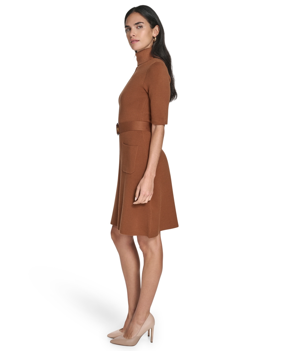 Jessica Howard Women's Turtle Neck Elbow Sleeve Belted Dress In Brown