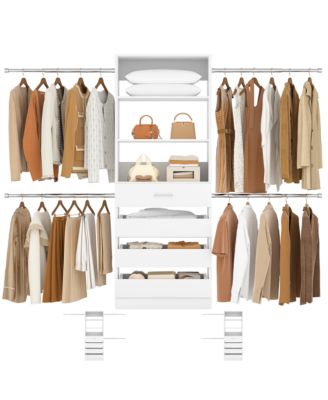 8FT Wall Mounted Closet System with 4 Drawers and 4 Hanging Rods, Garment Rack with Shelves