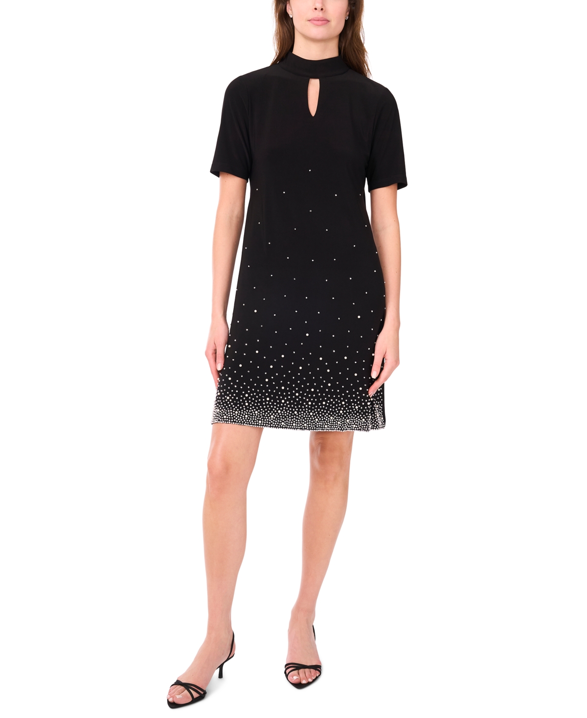 Msk Petite Short Sleeve Keyhole Beaded Dress In Black