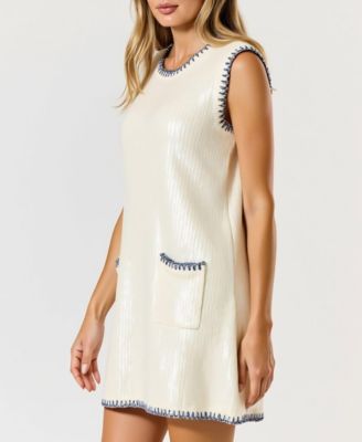 Women's Sequin Knit Sleeveless Mini Dress with Contrast Trim and Pockets
