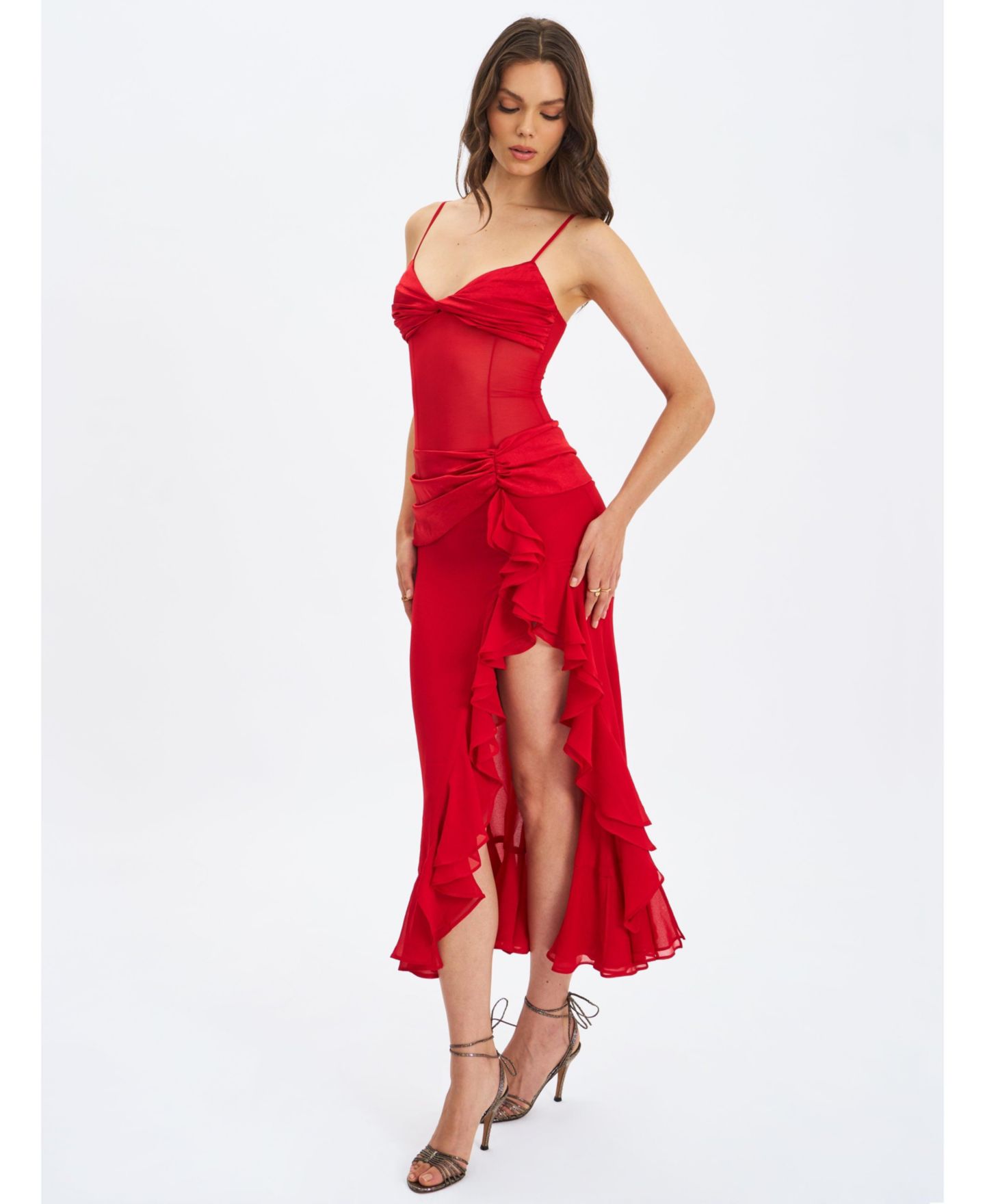 Женское платье Miss Circle Dahlina Red Ruched Waist High Slit Maxi, цвет: Красный — фото 6
