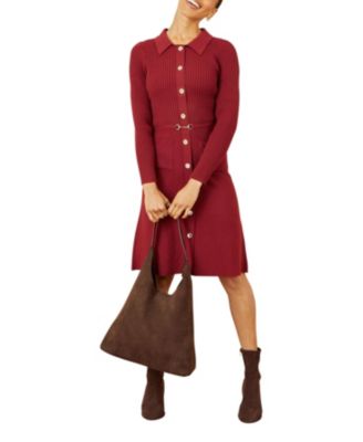 Women's Belted Rib Knit Midi Dress With Pockets