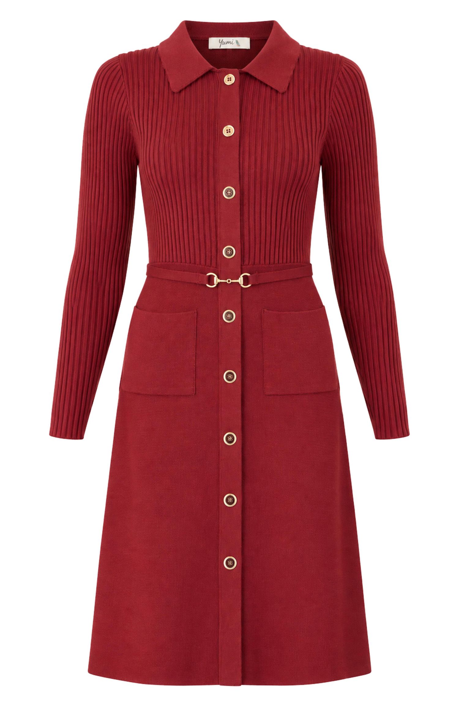 Women's Belted Rib Knit Midi Dress With Pockets