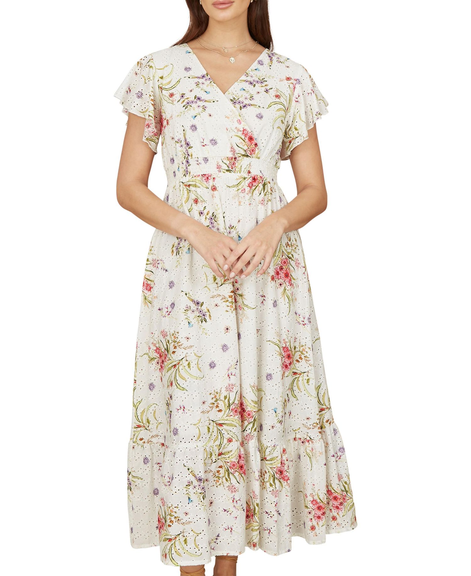 Women's Floral Broderie Anglaise Wrap Midi Dress