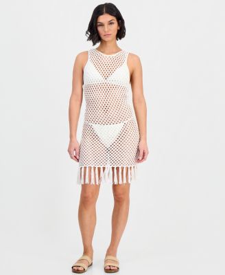Juniors' Mesh Fringe-Hem Tank Dress Swim Cover-Ups