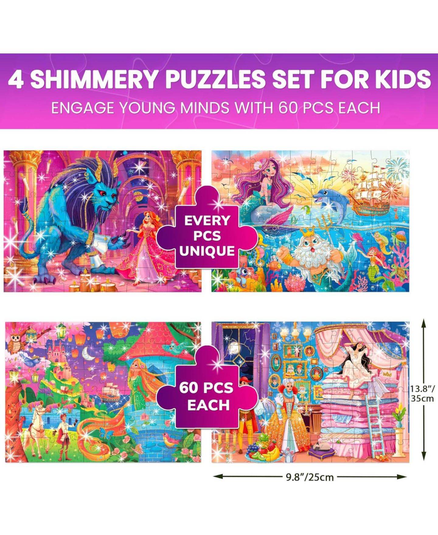 Детские игрушки Quokka Fairy Tale Princess Glitter-Effect Puzzle 4-Pack (60-Piece), Ages 4+, цвет: Glitter Princesses — фото 3
