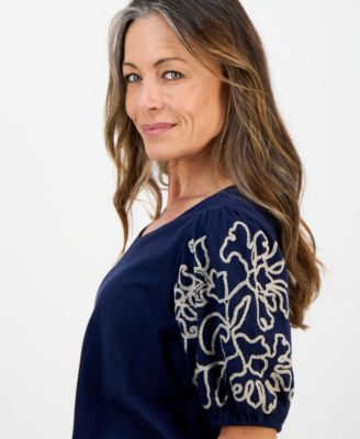 Petite Cotton Embroidered Elbow-Sleeve Top, Macy's Exclusive