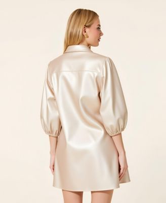 Women's Satin Button-Front Collared Puff-Sleeve Shirt Dress