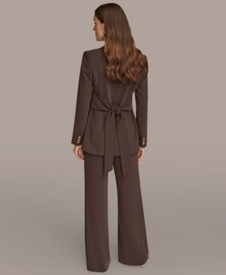 Women's Notch Lapel Collar Pinstripe Tie-Waist Jacket