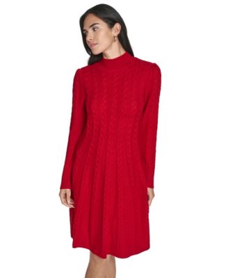 Petite Cable Sweater Mock Neck Fit & Flare Dress