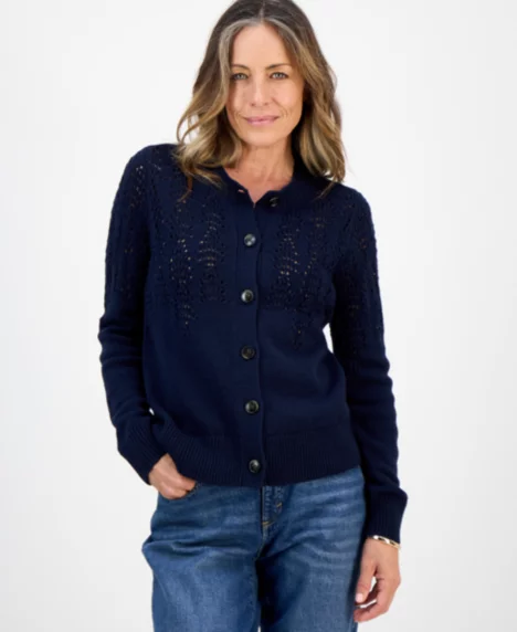 Petite Pointelle-Knit Crewneck Cardigan - Industrial Blue