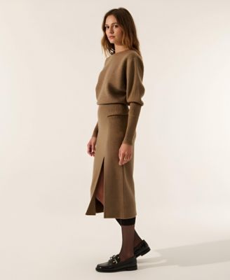 Women's Rib Knit One Shoulder Dolman Midi Sweater Dress