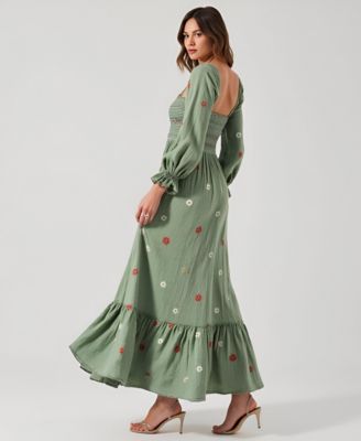 Women's Floral-Embroidered Smocked Tiered Maxi Dress