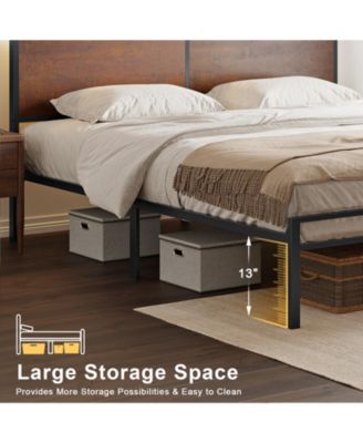 Industrial King Size Bed Frame with Storage LED Headboard, Charging Station, No Box Spring Needed