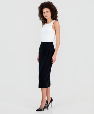 Women's Merino Wool Ribbed Knit Faux-Wrap Midi Skirt
