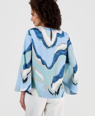 Women's Printed Wide-Sleeve Keyhole Blouse