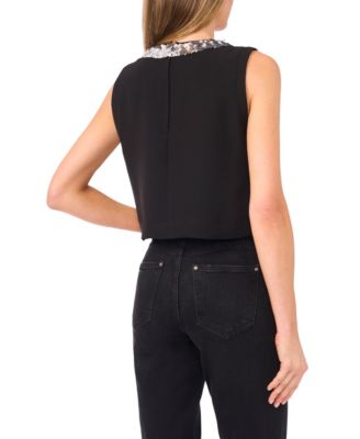 Women's Sleeveless Sequin Paillette Trim Cropped Top