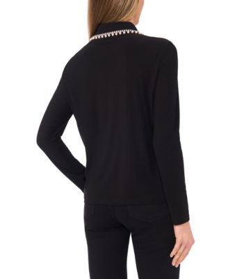 Women's Rhinestone Embellished Long Sleeve Collared Top