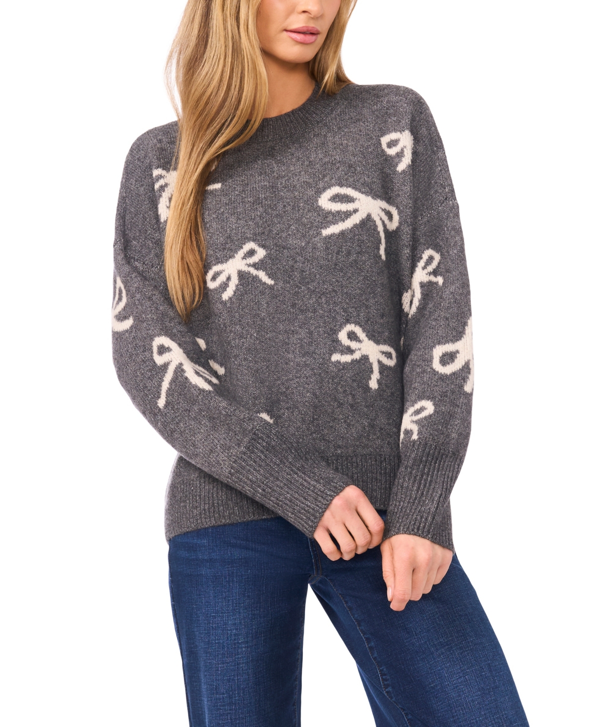 Cece Bow Jacquard Crewneck Sweater In Gray