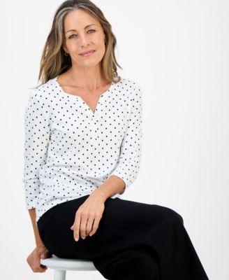 Petite Polka-Dot Henley 3/4-Sleeve T-Shirt, Macy's Exclusive