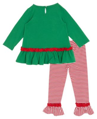 Girls' 2T-4T Santa Sleigh Applique Top and Striped Leggings, 2-Piece Set