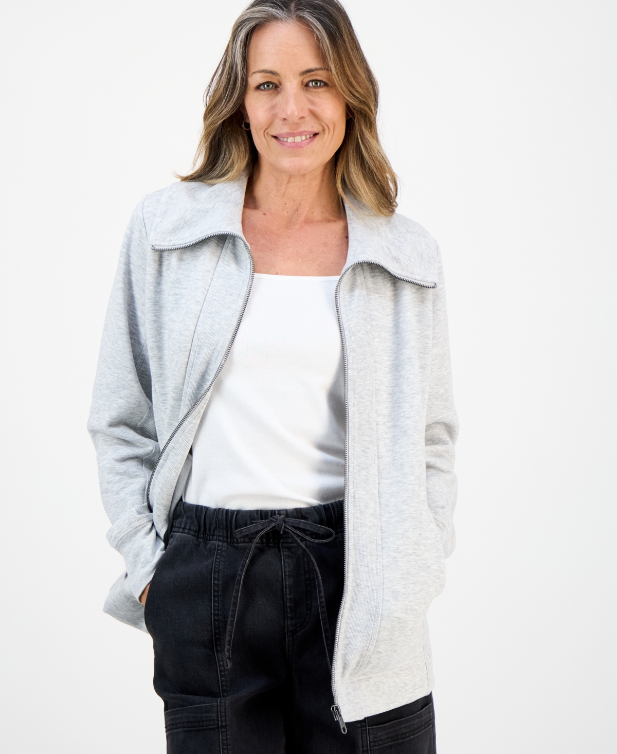 Style & Co Petite Full-zip Tunic Sweatshirt, Macy's Exclusive In Gray