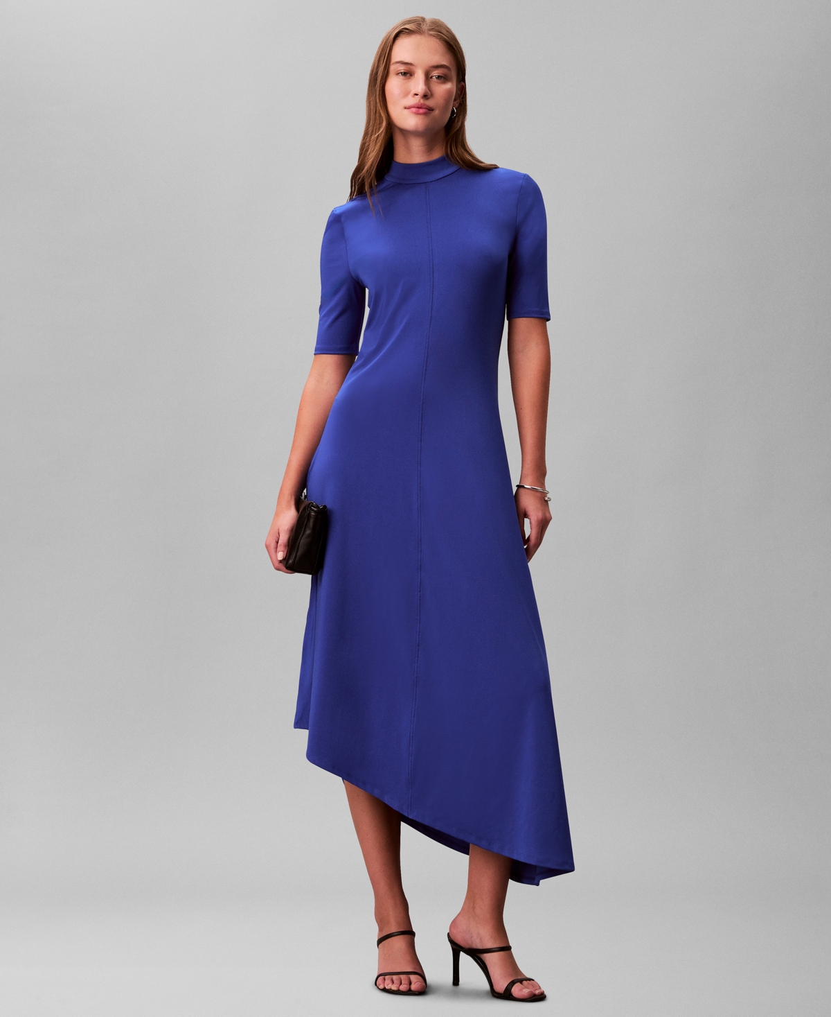 Calvin Klein Women's Asymmetric Drape Short Sleeve Midi Dress In Blue
