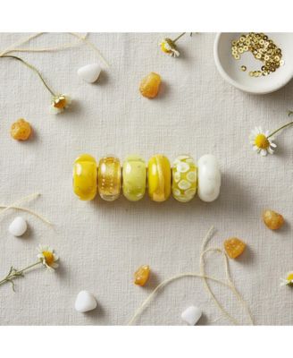 Set Of 6 White Yellow Dots Swirl Murano Glass Charm Bead Spacer Sterling Silver Core Fits European Bracelet