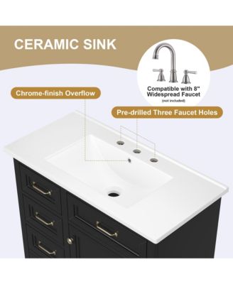 36" Bathroom Vanity with Ceramic Sink, 4 Drawers and 1 Soft-Close Door, Freestanding