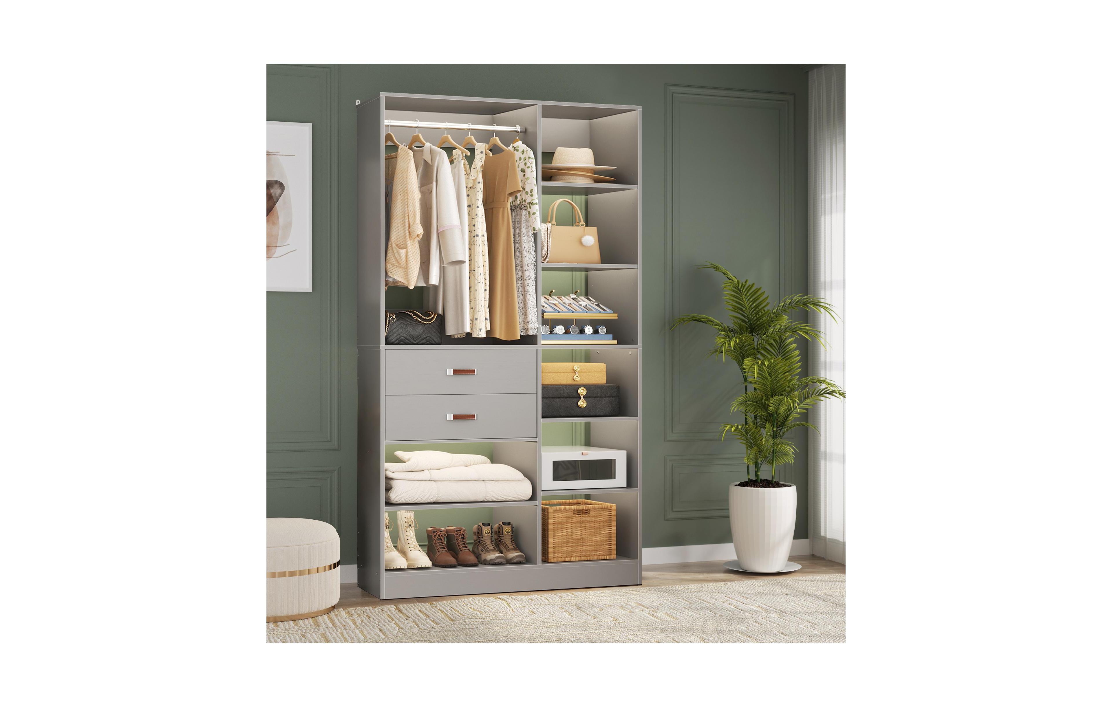 Aheaplus 8FT Walk In Closet Organizer with 3 Shelving Towers, Heavy Duty Clothes Rack with 3 Drawers