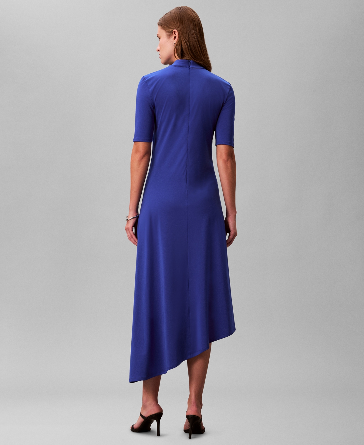 Calvin Klein Women's Asymmetric Drape Short Sleeve Midi Dress In Blue