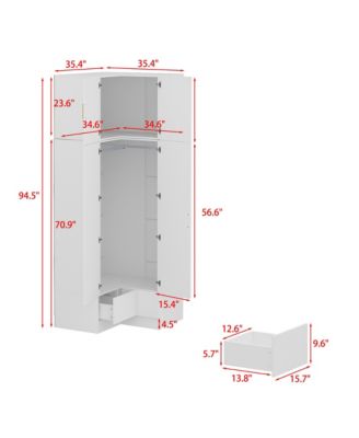 Bedroom Corner Armoire with Top Cabinet, Wardrobe with 2-Drawers and 2-Hold Bar